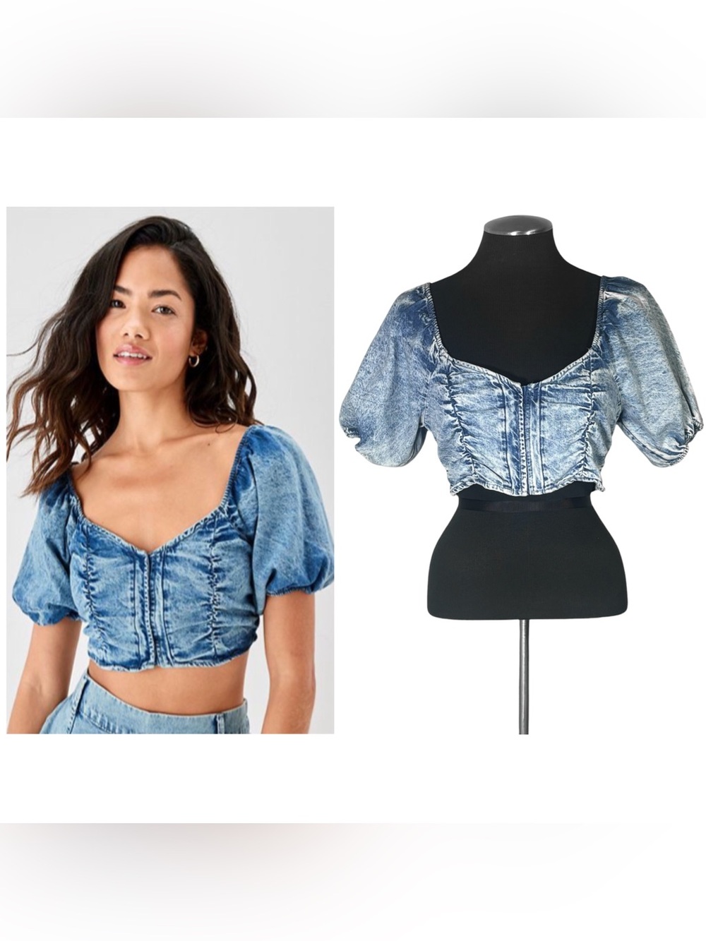 🆕 American Eagle - Acid Wash Denim Puff Sleeve Corset Crop Top – Medium